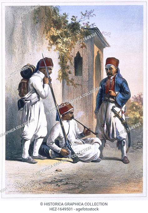 Nizamior, regular troops of the Turkish army at Kanka, Egypt, 1848. Illustration from The Valley of the Nile by Emile Prisse d'Avennes