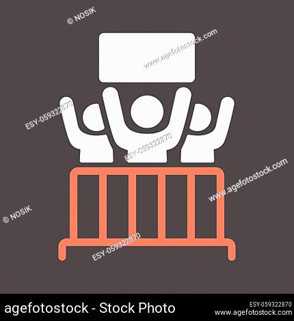 Crowd of people with placard, banners control barrier vector glyph icon. Demonstration, manifestation, protest, strike, revolution