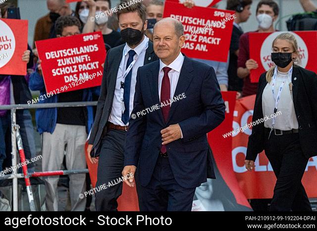 12 September 2021, Berlin: Chancellor candidate Olaf Scholz (SPD) comes to a TV discussion in a TV studio in Berlin Adlershof