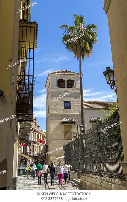 Malaga, Costa del Sol, Spain. Calle San Agustin and the Palacio de los Condes de Buenavista, which houses Picasso Museum