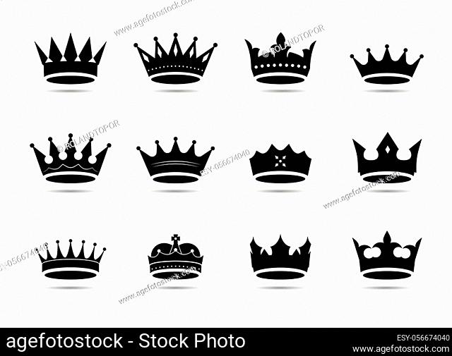 Set of of black vector king crowns and icon. Vector Illustration. Emblem and roual symbols