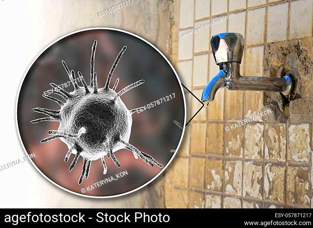 Safety of drinking water concept, 3D illustration showing parasitic microorganisms contaminating drinking water