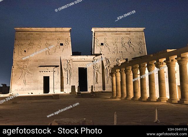 Sound and light show at the Temple of Philae, Temple of Isis, Agilkia Island, Aswan, Egypt, Northeastern Africa