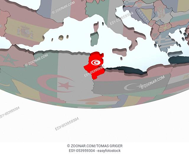 Tunisia on political globe with embedded flag. 3D illustration