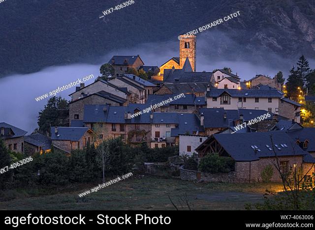 Tírvia village at blue hour with fog (Pallars SobirÃ , Lleida, Catalonia, Spain, Pyrenees)