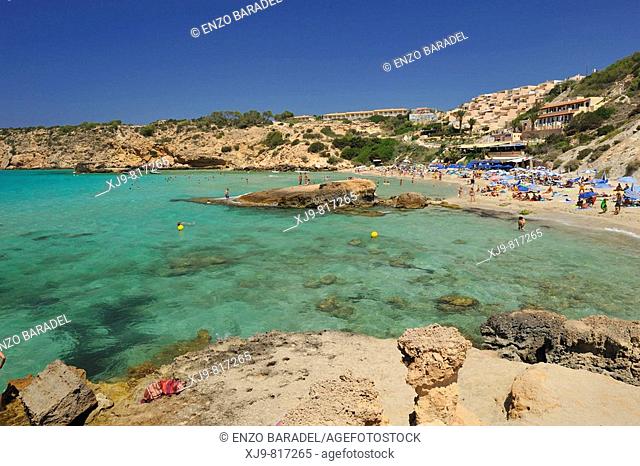 Panoramic view of Playa Tarida to Ibiza, Spain