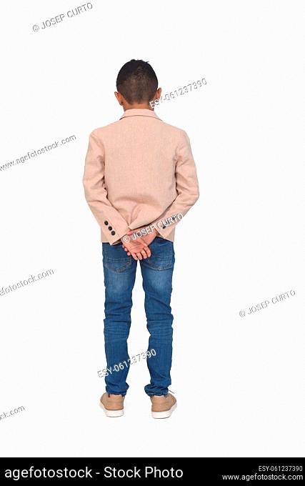 rear view of boy with blazer hands on back on white background