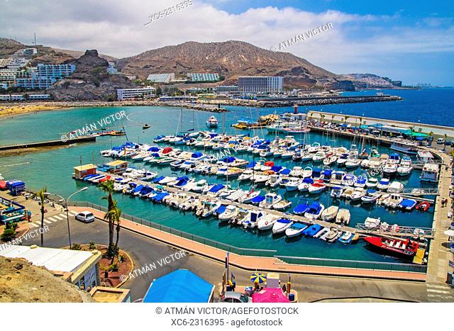 Beach and marina of Puerto Rico municipality. Gran Canaria island