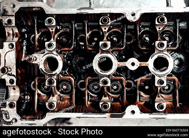 Camshaft close up, two valve per cylinder system. old engine. Full engine repair or replacement parts garage service station