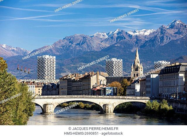 France, Isere, Grenoble, view of Grenoble-Bastille cable car and its Bubbles, the oldest city cable car in the world, view of the 13th century Saint Andre...