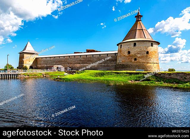 Shlisselburg, Russia - August 8, 2018: Historical Oreshek fortress is an ancient Russian fortress. Shlisselburg Fortress near the St
