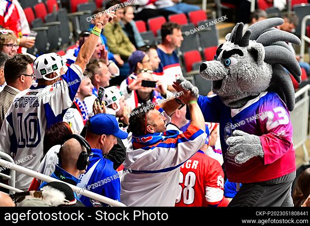 Fans and Spiky the Hedgehog cheer up during the IIHF Ice Hockey World Championship, Group B match Switzerland vs Slovakia in Riga, Latvia, May 18, 2023