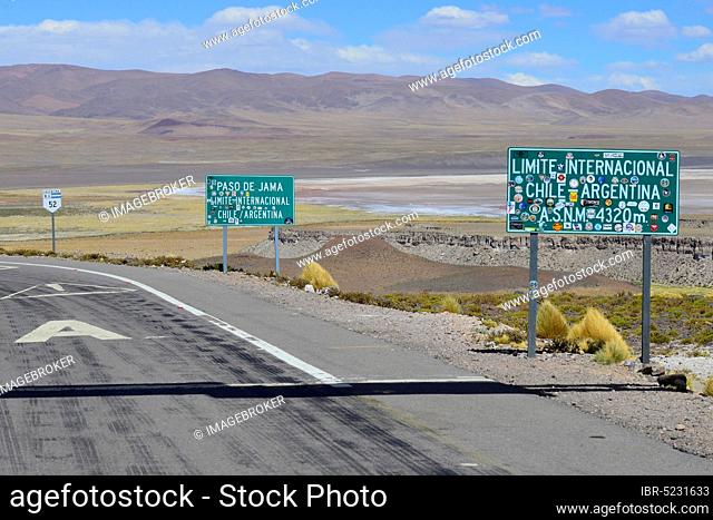 Road signs at the border with Chile, 4320 m, Paso de Jama pass road, Altiplano, Jujuy province, Argentina, South America