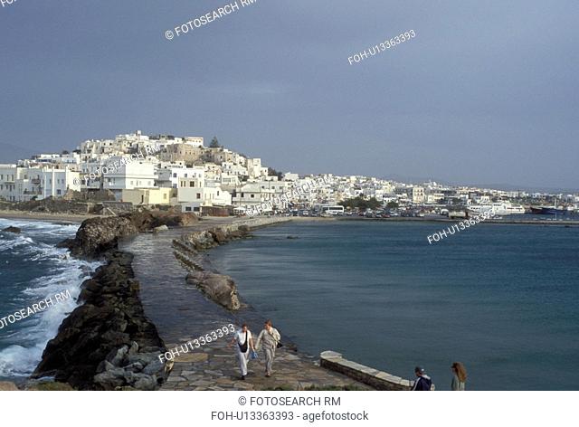 Naxos, Greece, Greek Islands, Cyclades, Europe, Scenic view of Hora Naxos and the causeway from the islet of Palatia on Naxos Island on the Aegean Sea