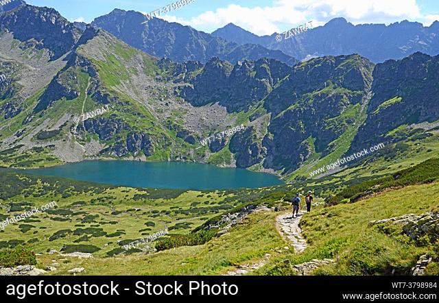 Valley of Five Polish Lakes, fragment, tourists, trail, rocks, mountain beauty, meadows, grass, mountain pine, Slovak Tatras, mountain pasture