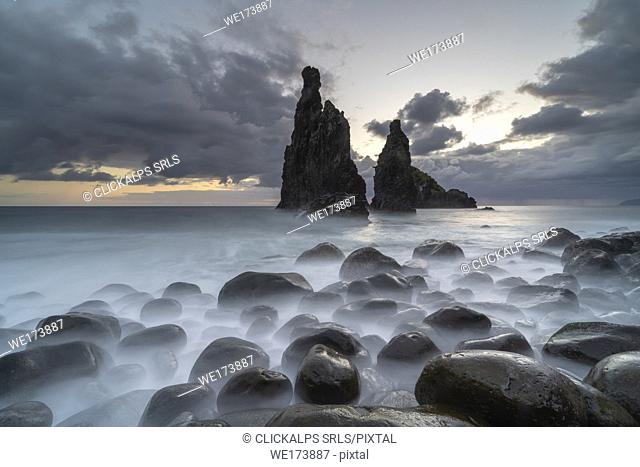 Rib and Janela islets at dawn. Porto Moniz, Madeira region, Portugal