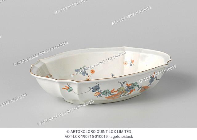 Bowl with a squirrel and flowering plants near a rock, Scalloped, oval bowl of soft-paste porcelain (pâte tendre), painted on the glaze in blue, red, green