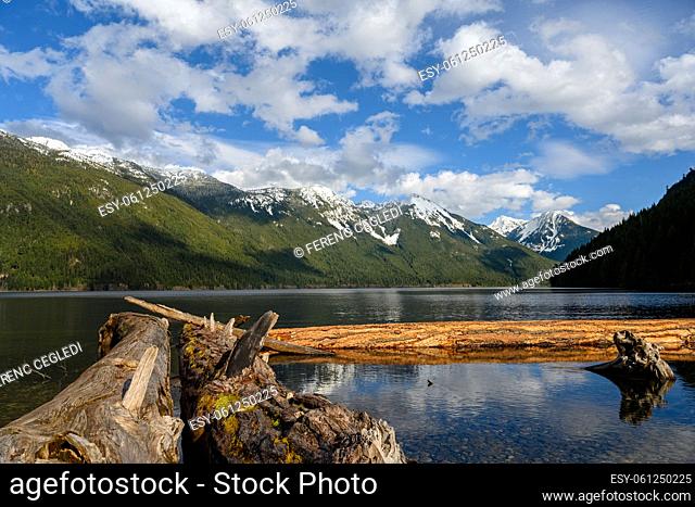 Chilliwack Lake with the reflecting Mount Redoubt, which is a part of the Skagit Range Mountains, and those are a sub-range of the Canadian Cascade Mountains