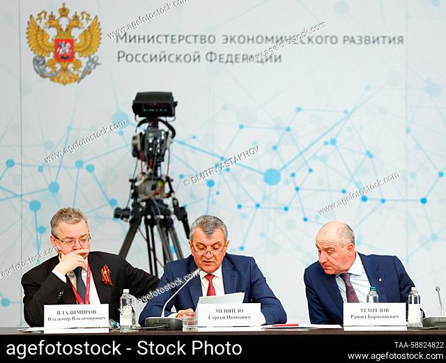 RUSSIA, MINERALNYE VODY - MAY 3, 2023: Stavropol Region Governor Vladimir Vladimirov, Sergei Menyailo, head of the Republic of North Ossetia-Alania