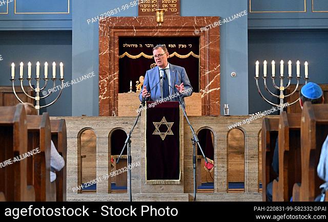 31 August 2022, Thuringia, Erfurt: Bodo Ramelow (Die Linke), Prime Minister of Thuringia, speaks during the festive event marking the 70th anniversary of the...