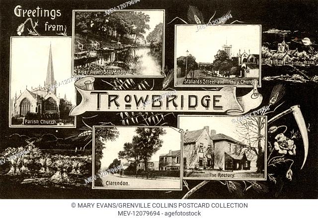 Trowbridge, Wiltshire - Mulit-scene Greetings Postcard, featuring inset views of: the Parish Church, River Avon at Staverton