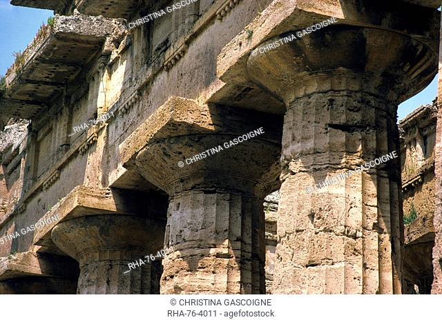 Close-up of the columns of the Temple of Neptune at Paestum, near Salerno, Campania, Italy, Europe