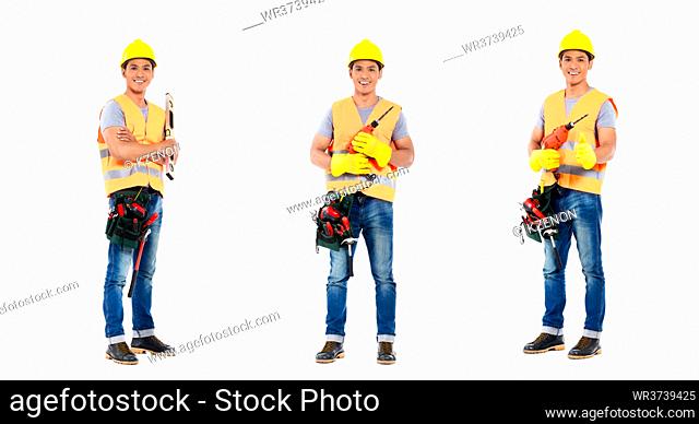 Asian construction worker, compositing of three scenes, isolated on white background