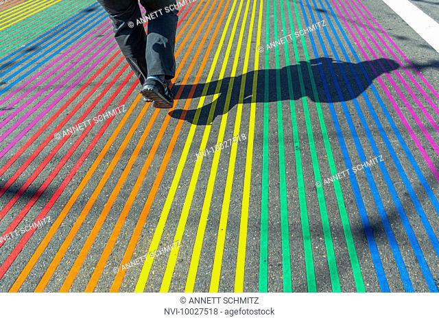 Crosswalk in rainbow colors in gay and lesbian district The Castro, San Francisco, California, USA
