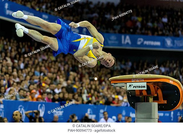 Oleg Verniaiev (UKR) performs on vault during the Men's Apparatus Finals at the European Men's and Women's Artistic Gymnastics Championships in Cluj Napoca