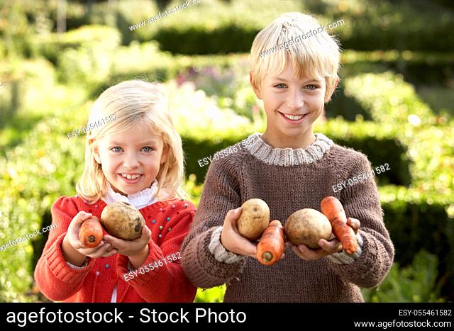 boy, girl, harvesting, vegetable harvest