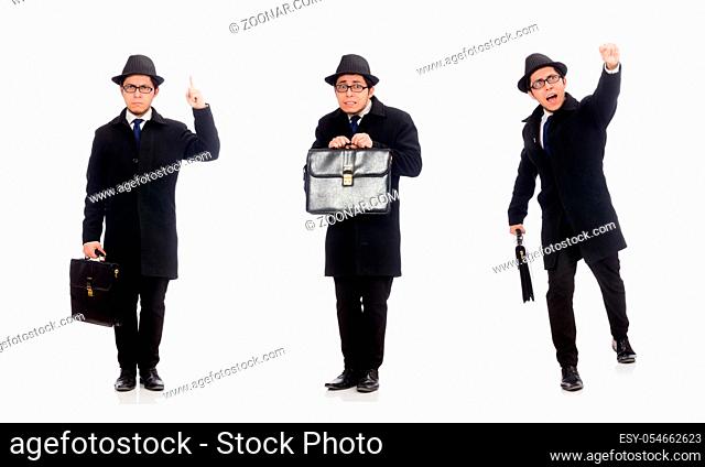 The young man holding suitcase isolated on white