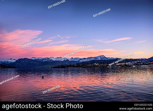 Fascinating view of Lucerne Lake in Switzerland at dusk or sundown