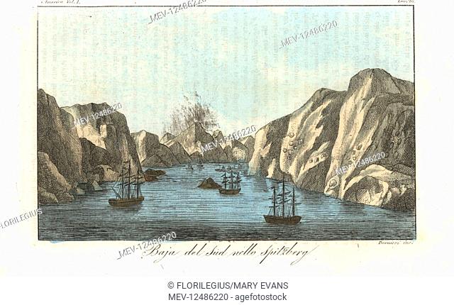 View of sailing ships in the South Bay of Spitsbergen island, Norway. Handcoloured copperplate engraving by Bernieri from Giulio Ferrario's Ancient and Modern...