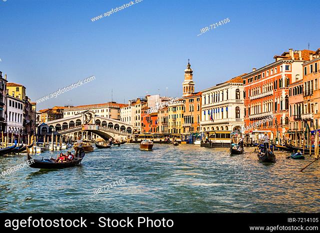Rialto Bridge from 1551, Grand Canal with about 200 noble palaces from the 15th -19th century, largest waterway in Venice, lagoon city, Veneto, Italy, Venice