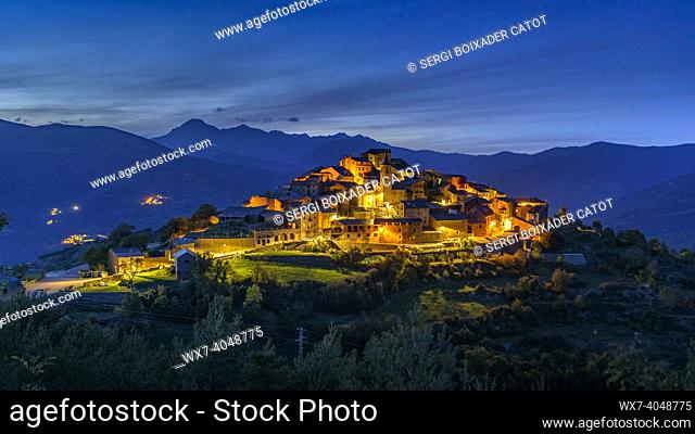 Blue hour and night in the mountain village of Tornafort (Pallars SobirÃ , Lleida, Catalonia, Spain, Pyrenees)