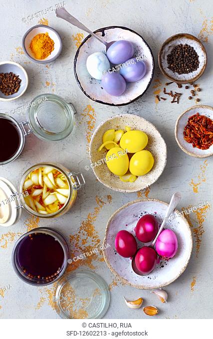 Hard-boiled eggs marinated and dyed with natural colors