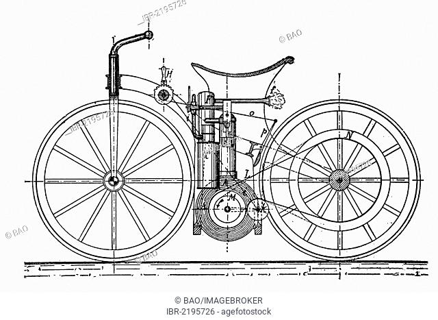 Construction plan of the Sitzrad motorcycle with a daimler engine, historical illustration, wood engraving, about 1888