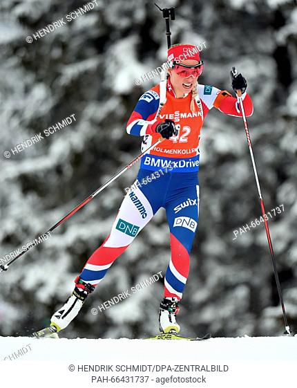 Tiril Eckhoff of Norway in action during the women's 7.5 km sprint competition at the Biathlon World Championships, in the Holmenkollen Ski Arena, Oslo, Norway