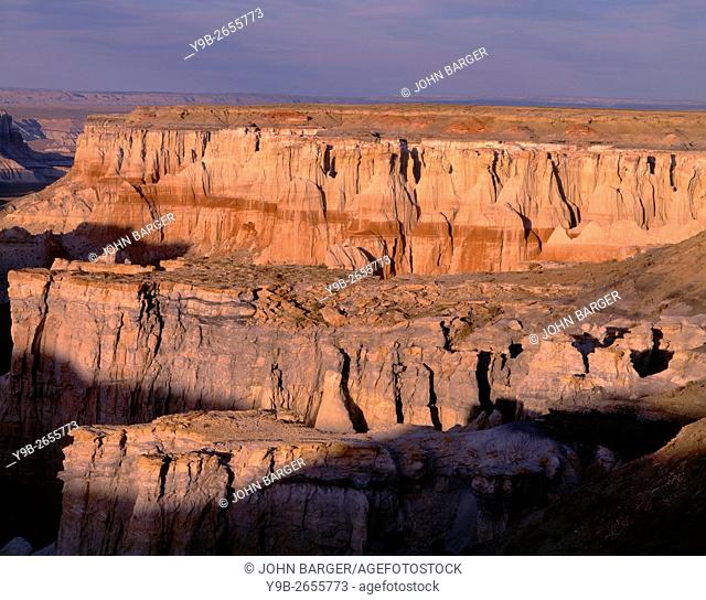 USA, Arizona, Coconino County, Moenkopi Plateau, Evening light defines eroded sandstone formations