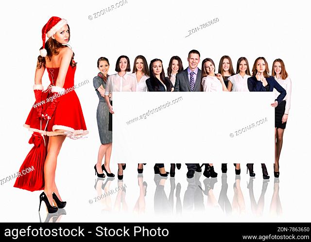 Santa girl and large group of business people holding empty banner