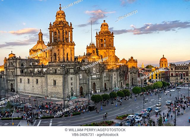 Metropolitan Cathedral and President's Palace in Zocalo Center of Mexico City Cars Traffic Mexico Afternoon