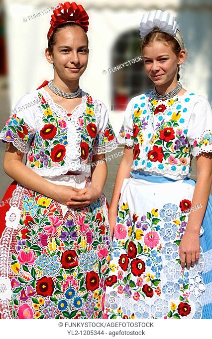 Young women in traditional Kalocsa dress at the paprka festival, Kalocsa, Hungary