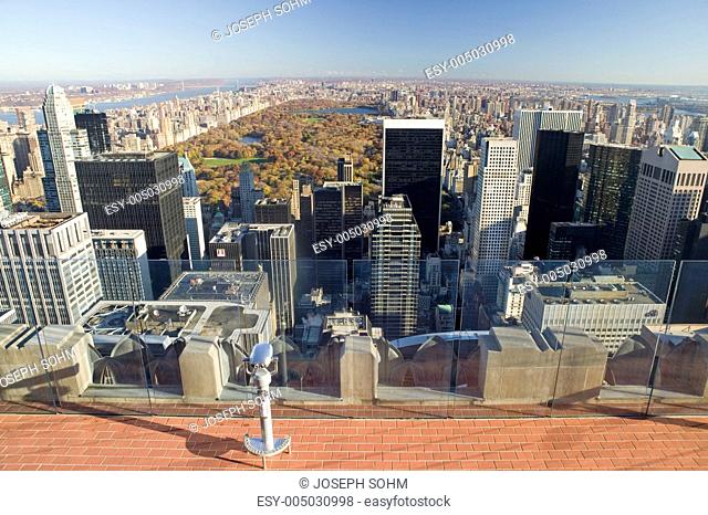 Panoramic view of New York City and Central Park from Top of the Rock viewing area at Rockefeller Center, New York City, New York
