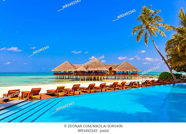 Pool and cafe on Maldives beach - nature vacation background