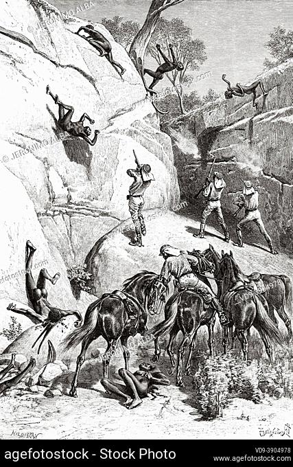 Horseback Black Police Killing Native Australians. Queensland, Australia. Old 19th century engraved illustration, Journey to Northeast Australia by Carl...