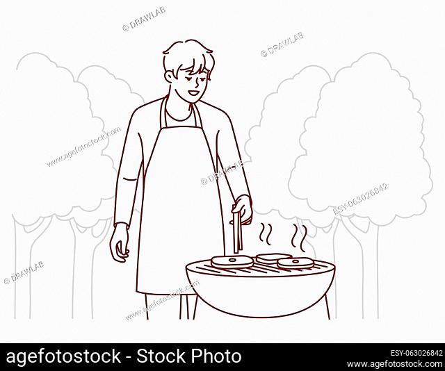 Smiling man in apron making meat on grill in park. Happy guy have fun cooking barbecue outdoors. Weekend and relaxation. Vector illustration