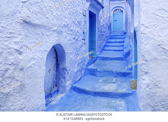 Blue Doorways and Steps in the Medina, Chefchaouen, Morocco, North Africa