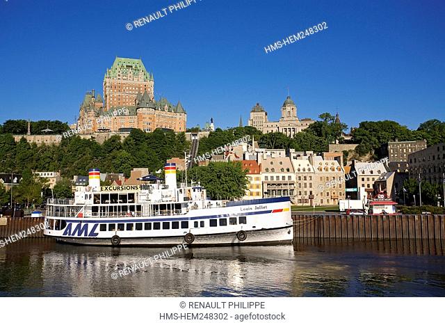 Canada, Quebec Province, Quebec City, Old Town listed as World Heritage by UNESCO, view from St Lawrence River, Louis Jolliet cruise ship and Chateau Frontenac...