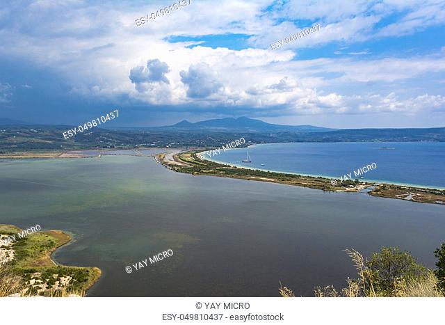 View of Divari Beach and the Divari lagoon in the Peloponnese region of Greece, from the Palaiokastro (old Navarino Castle)
