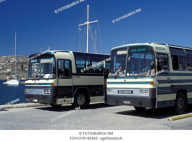 bus, Paros, Greek Islands, Parikia, Cyclades, Greece, Europe, Local buses parked at the bus station in Parikia on Paros Island on the Aegean Sea